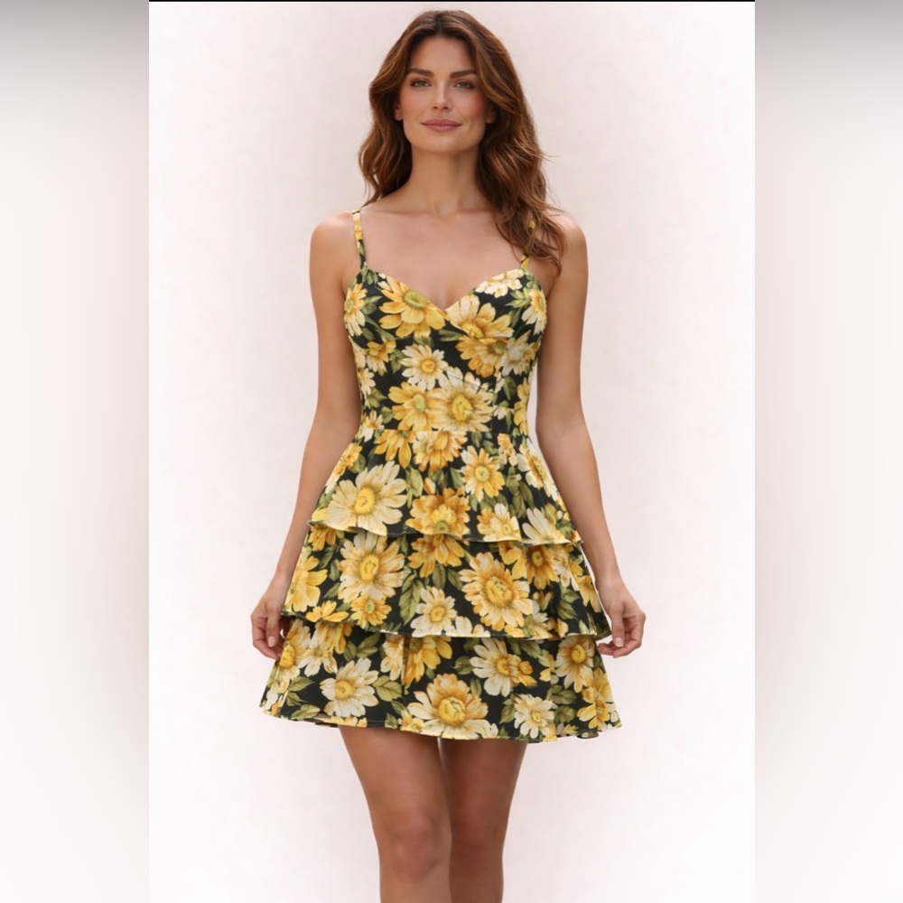 Floral Yellow and Green Tiered Dress